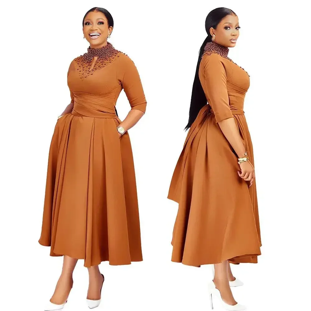 African Party Evening Dresses for Women Elegant Spring African Half Sleeve Solid Color Midi Dress Dashiki Africa Clothing