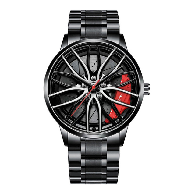 for Men Waterproof Vacuum Plating Strap with Car Wheel Rim Hub Design Sport Automatic Quartz Wristwatch