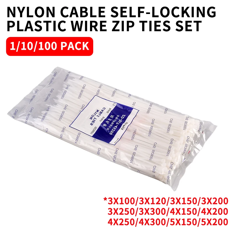

Pack of 1000/250Pcs White Nylon Cable Self-locking Wire Zip Ties Set Kit 3*100 3*150 4*200 Industrial Supply Fasteners Cable