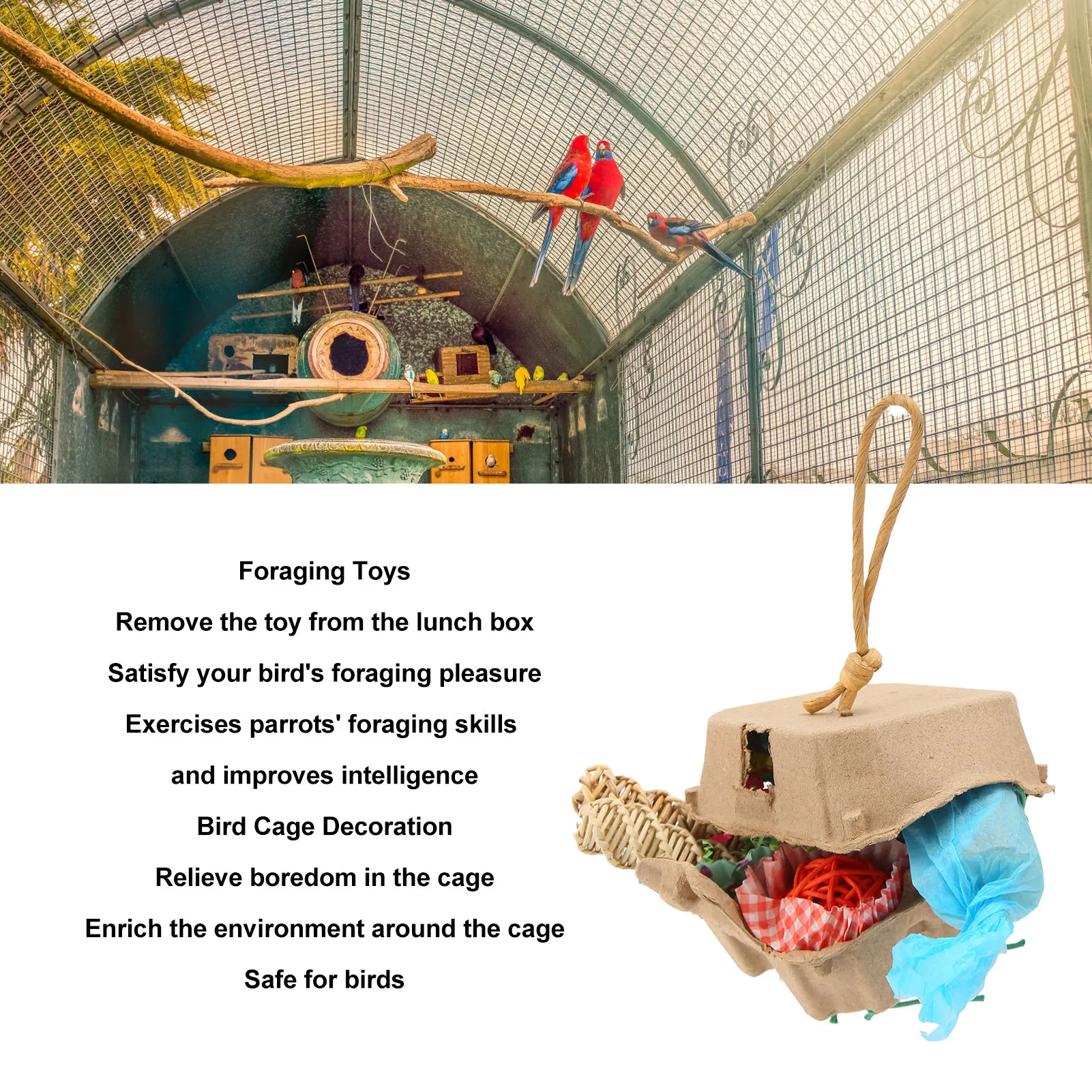 Bird Foraging Box Toys Fun Colorful Shredding Paper Sola Wood Rattan Ball Grass Rope Parrot Foraging Toys
