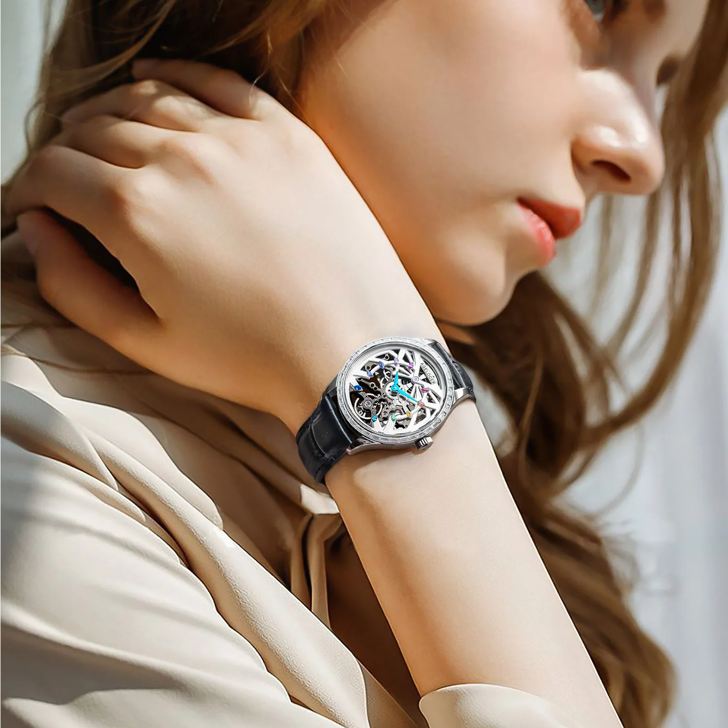 AGELOCER Women\'s Top Brand Mechanical Skeleton Automatic Luxury Watch Elegant Ladies Christmas Valentine