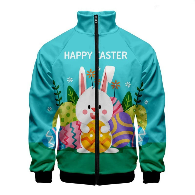 thumbnail image 1 of Chaqueta con cremallera y estampado 3D de Pascua en el oeste, divertida chaqueta de manga larga, cuello alto, ropa de moda, abrigo informal de talla grande para hombre, 1 of 5