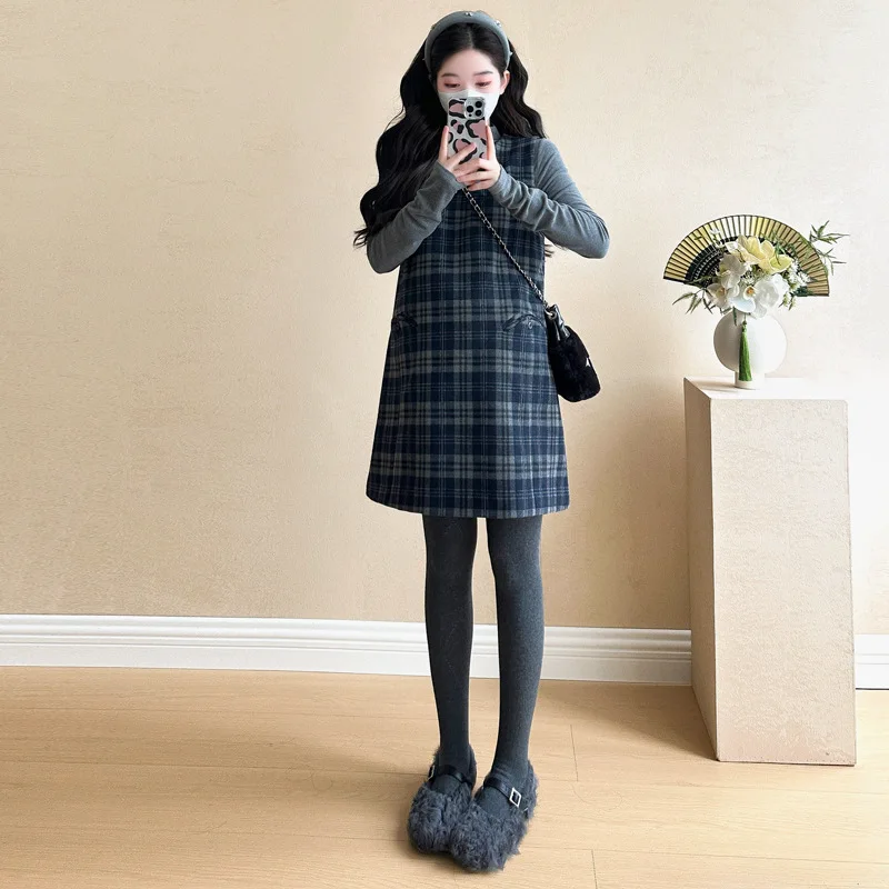 임부복 가을 한국 스타일 루즈 슬림 레트로 미니멀리스트 우아한 라운드 넥 체크 탱크 드레스와 언더셔츠 투피스 세트