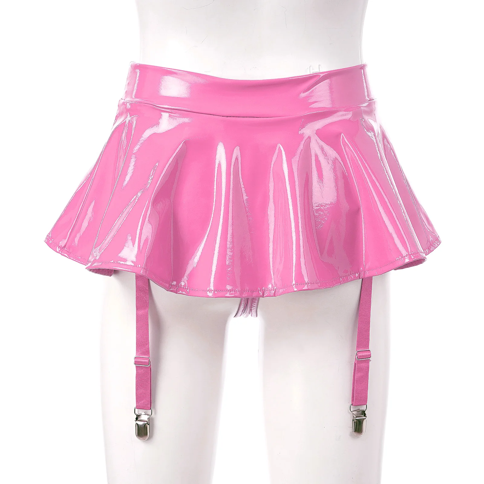 Womens Wet Look Sexy Mini Skirts Patent Leather Ruffle Metal Clips Short Skirt Erotic Party Date Clubwear Pole Dance Costume - Image 5