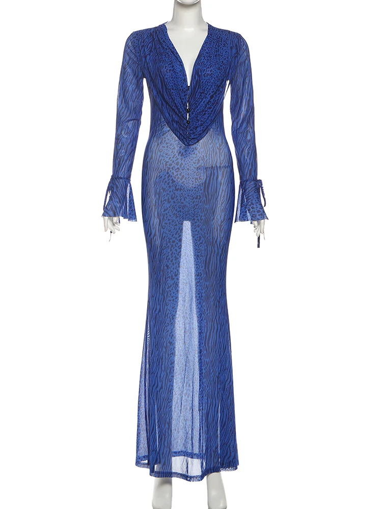 Nibber See Through Folds Maxi Dress Women Leopard Single-Breasted v-Neck Flare Sleeve Lace-Up Sexy Street Party Hipster Vestidos