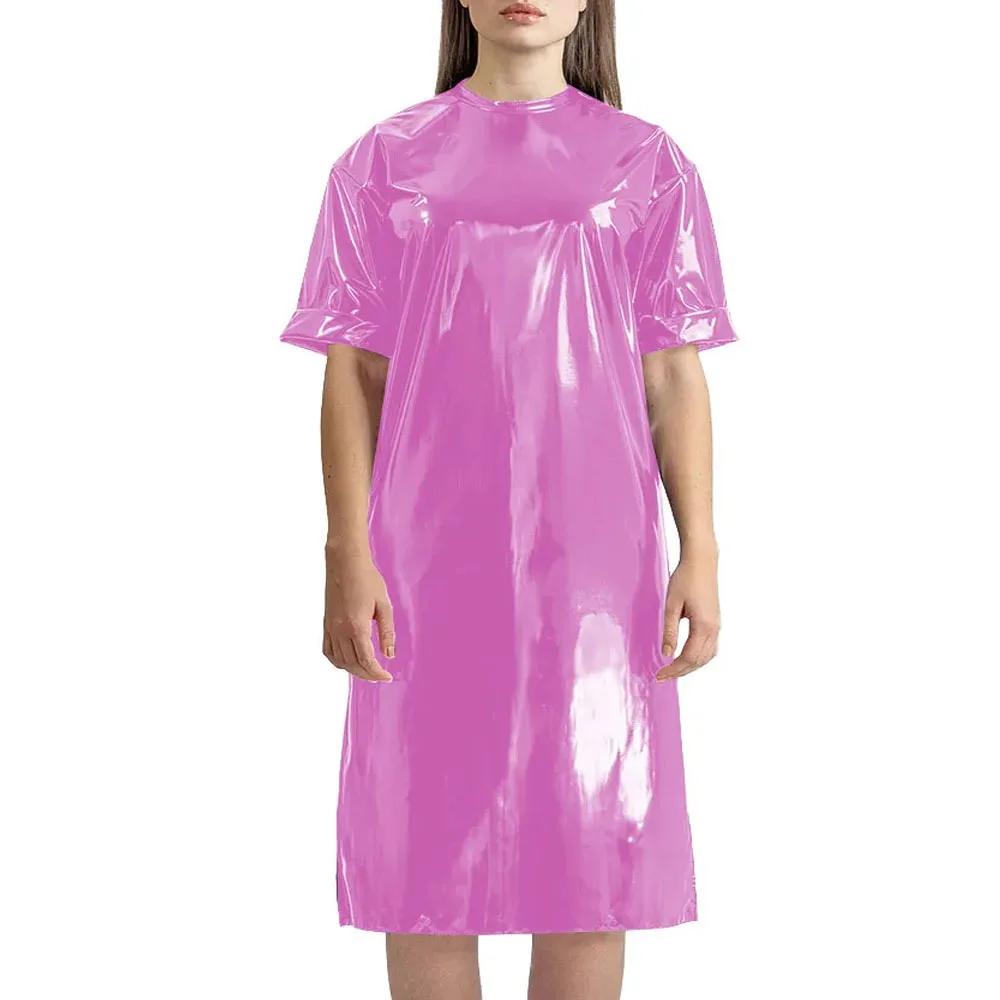 Plus Size Womens Loose Fitting T-shirt Dress Shiny PVC Leather Short Sleeve O-neck Over Knee Dress Punk Solid Color Long T-Shirt 1