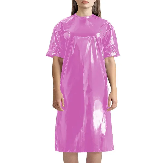 Plus Size Womens Loose Fitting T-shirt Dress Shiny PVC Leather Short Sleeve O-neck Over Knee Dress Punk Solid Color Long T-Shirt 1