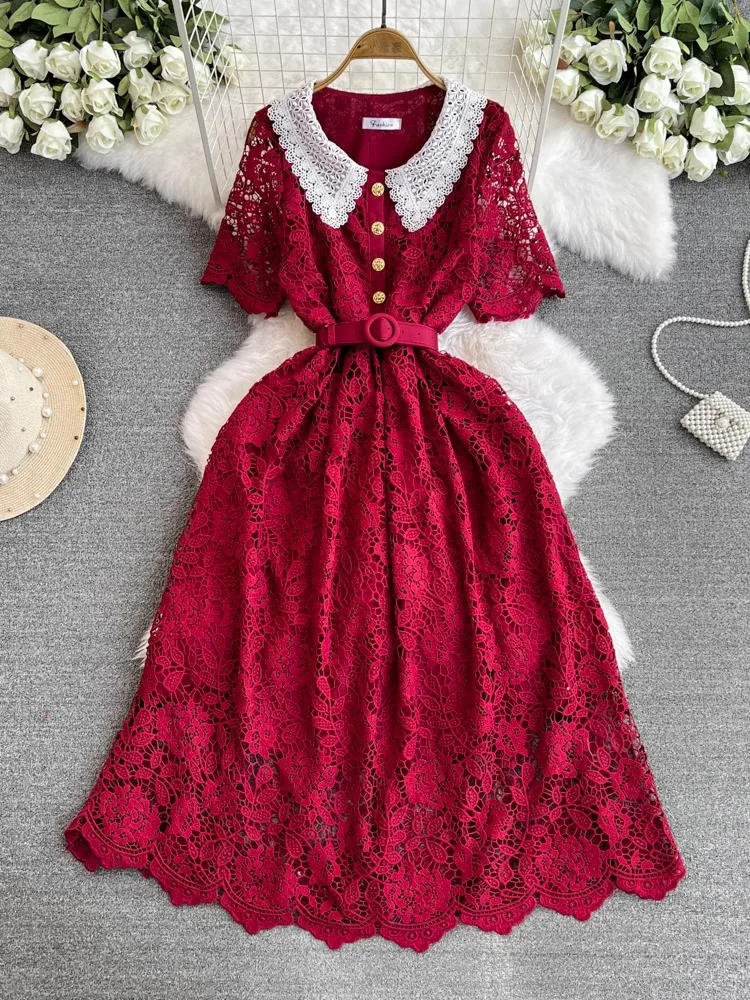 

Женское винтажное ажурное платье макси, Элегантное Длинное однобортное платье-трапеция с цветочным принтом и круглым вырезом, лето
