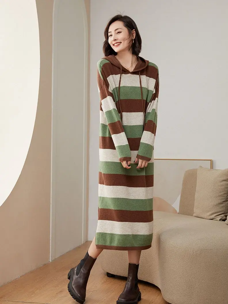 Женский длинный кашемировый свитер Addonee, вязаное длинное платье контрастных цветов с капюшоном, модный Свободный пуловер из 100% мериносовой шерсти в Корейском стиле