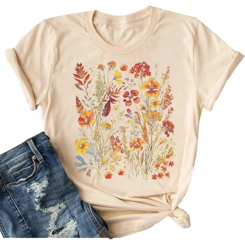 

Women Fall Shirts Vintage Boho Flower T Shirt Botanical Floral Graphic Tee Garden Lover Autumn Tee Top