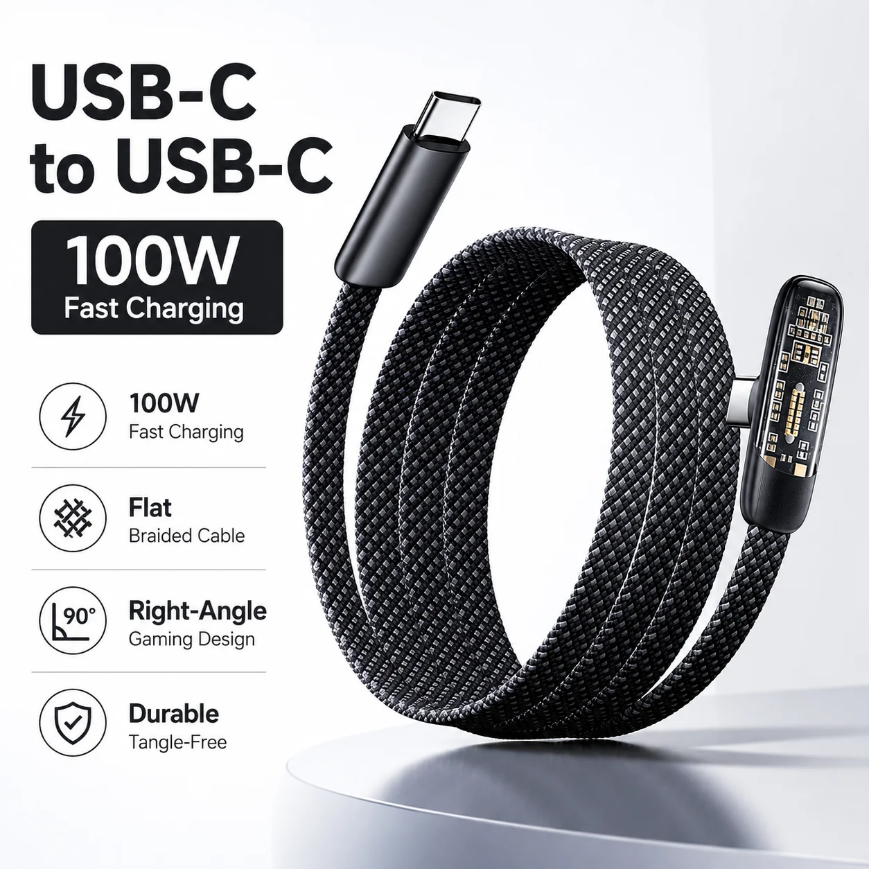 100W 직각 플랫 USB-C 케이블, 아이폰 PD 및 화웨이 66W 슈퍼차지용 투명 고속 충전 케이블