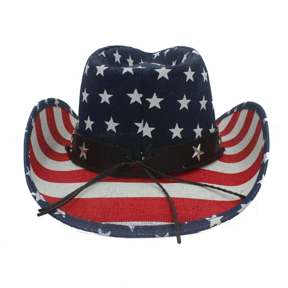 Summer Classic American Flag Cowboy Hats For Men Wide Brim Usa Cowgirl Chapeau Homme Cap Usa Flag Straw Cowboy Hat Dropshipping 5