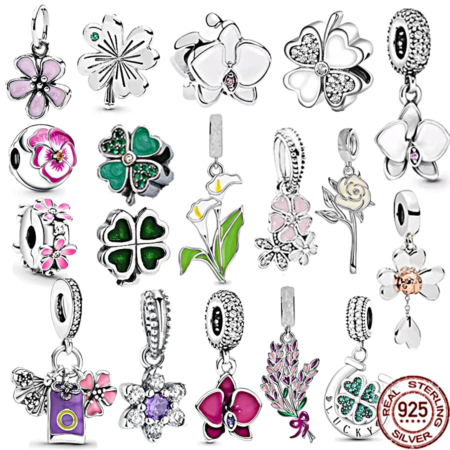 

NEW 925 Sterling Silver Lucky Four Clover Lily Rose & Daisy Flower Clip Dangle Charm Jewelry Beads Fit Original Pandora Bracelet