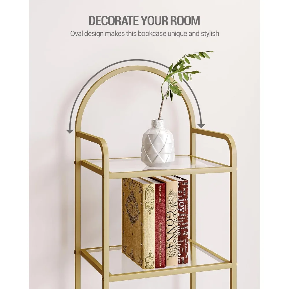 5 Tier Gold Bookcase Bookshelf, Tempered Glass Bookshelves, Slim Shelving Unit for Bedroom, Bathroom, Home Office, Steel Frame 5