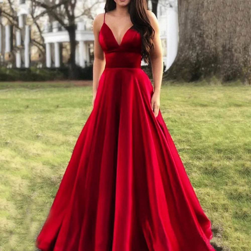 

Cheap V-neck Prom Dresses Long Satin A-line Evening Dress Simple Burgundy Wedding Guest Bridesmaid Dress For Girls Party Night