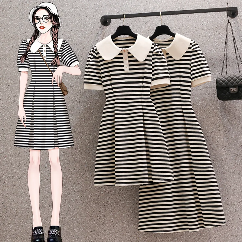 

Summer Midi Long Stripe Dresses For Women Doll Collar Short Sleeve Casual Female Plus Size Black Elegant Cotton Party Vestidos