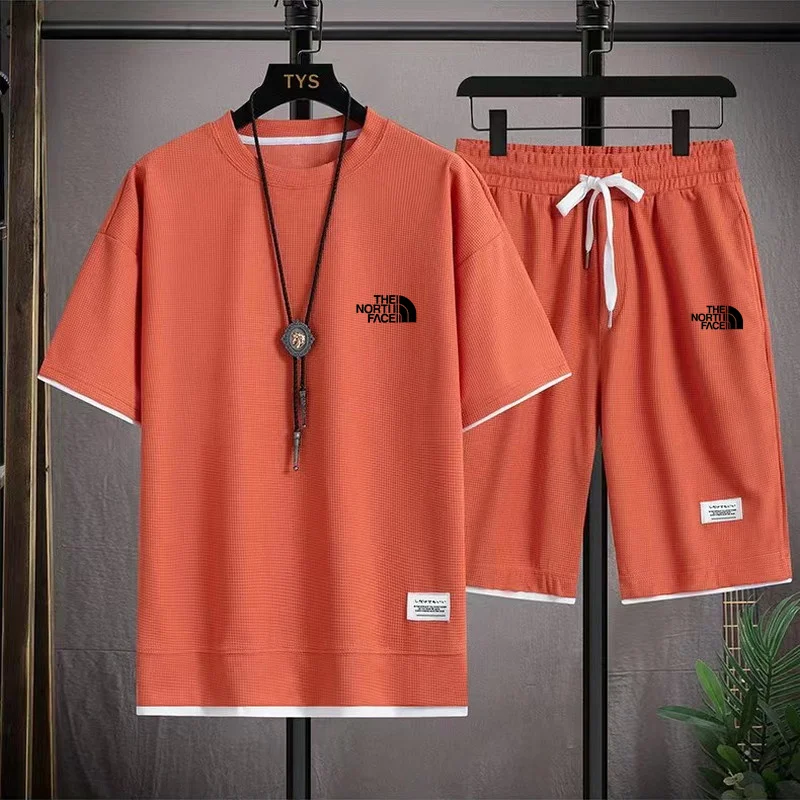2025 Waffle pattern 2-piece set men's shorts summer sportswear fashionable clothing comfortable and lo 4