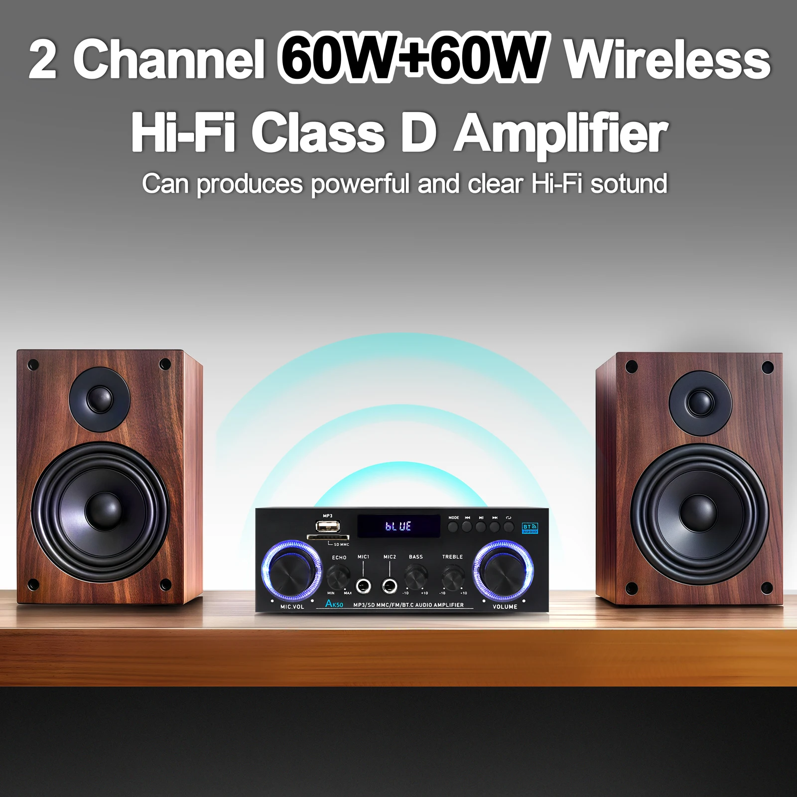 60W*2 Sound Amplifier AK50 HiFi Digital Bluetooth Power Amplifier Channel 2.0 FM