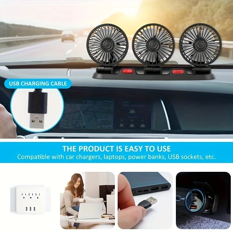 Car Fan Three-Head USB 3-Speed Adjustable 360-Degree Rotation Suitable For Car Cooling Powerful Fan With Hidden Aromatherapy Box 4