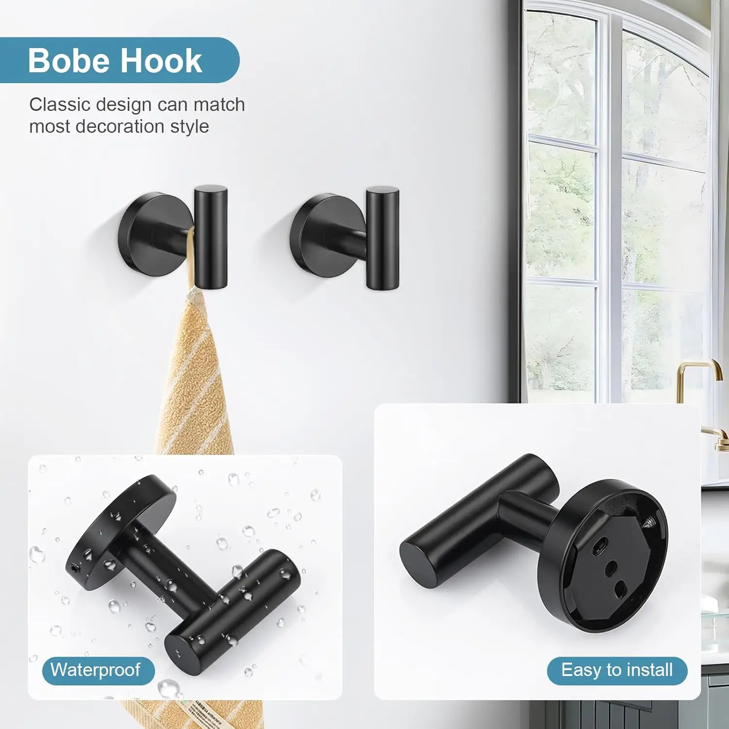 Matte Black Bathroom Hardware Set. 10-Pieces. SUS304 Stainless Steel. 23.6" Round Towel Bar, Racks. Wall Mounted.