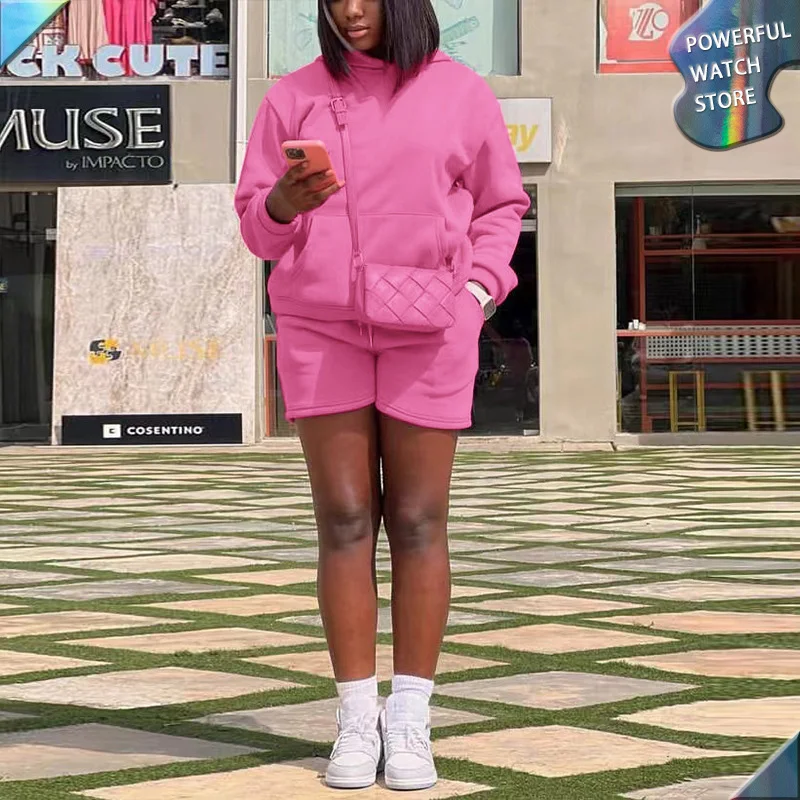 Loose Pink Sweater Shorts Set 2023 New Fashion Sports Fleece Long Sleeve  Pullover Hooded Two Piece Women's Street Clothing - AliExpress