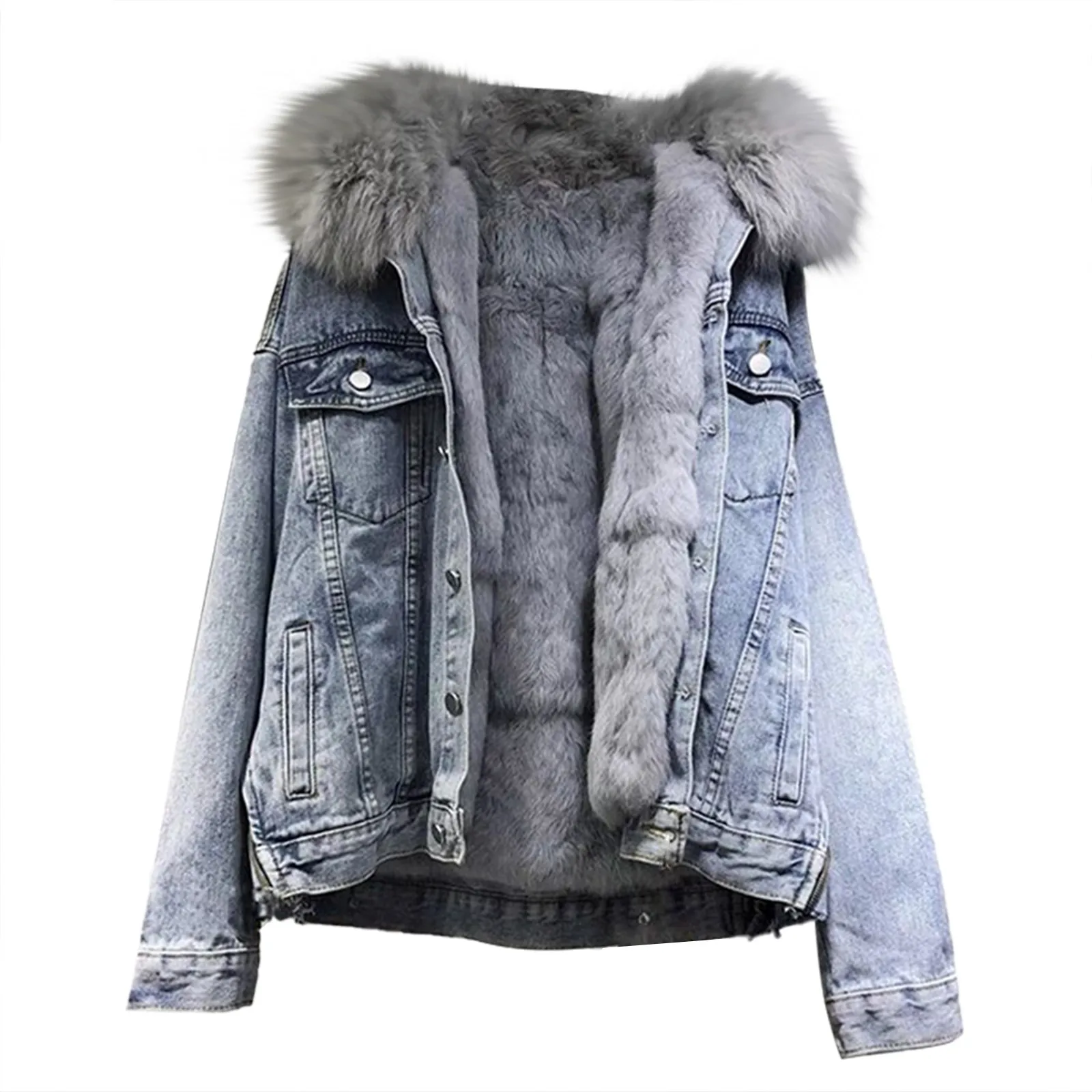 Denim Fleece Thicken Coat Women Winter Thermal Fur Neck Single Breasted Pocket Coat Vintage Loose Warm Soft Streetwear Outercoat