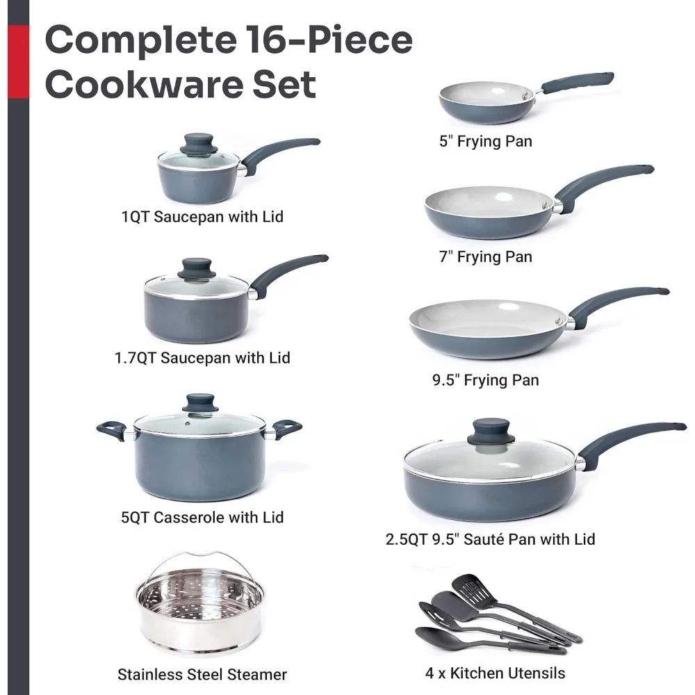 16-Piece Healthy Stone Pots and Pans Set Non Stick, Non Toxic Ceramic Cookware Set, Dishwasher Safe, w Frying Pans, Sauce Pan,