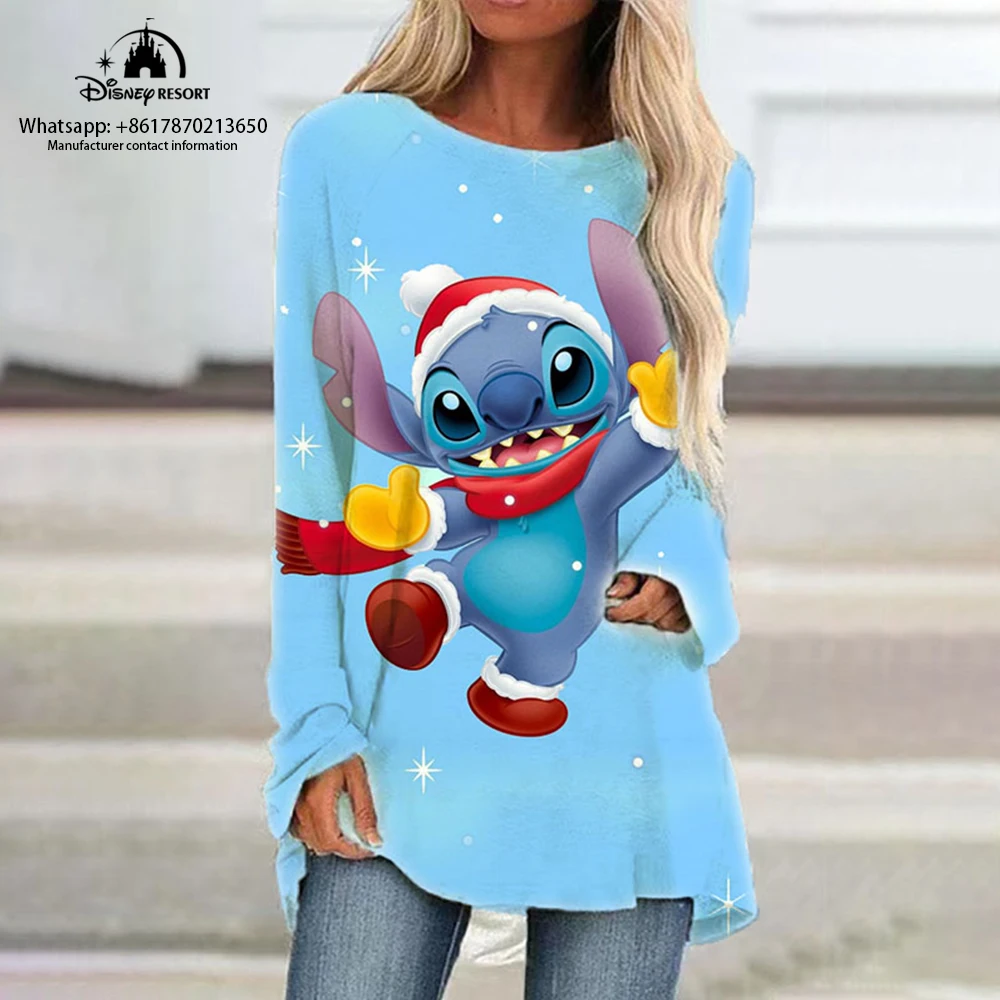 

Stitch Anime Christmas Fall New Women's Round Neck Loose Long Sleeve T Shirt Disney Fashion Casual Raglan Dress 2022