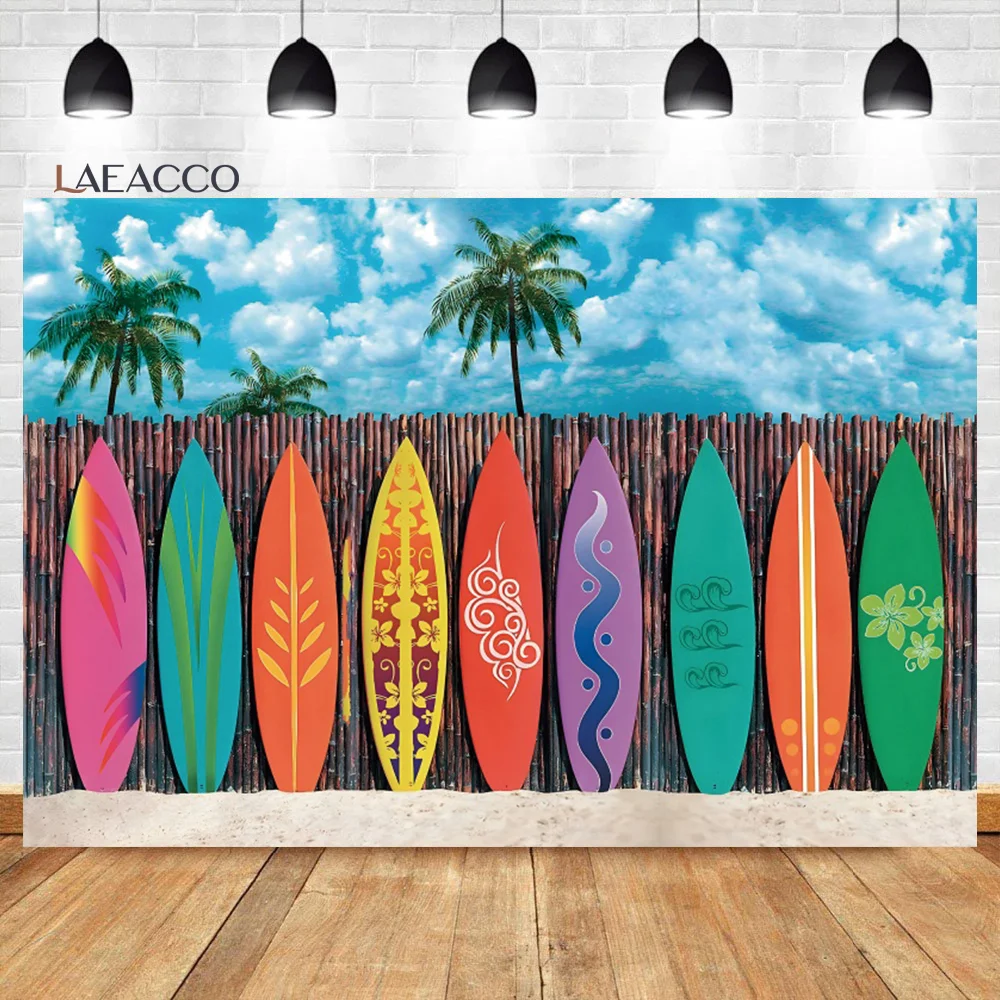 

Laeacco Summer Beach Ocean Photography Backdrop Blue Sky Seaside Surfboard Tropical Palm Trees Kids Birthday Portrait Background