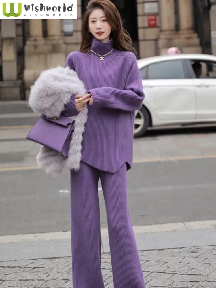 Advanced Purple Knitted Wide Leg Pants Two Piece Set for Autumn and Winter New Thickened Korean Loose Sweater Set for Women