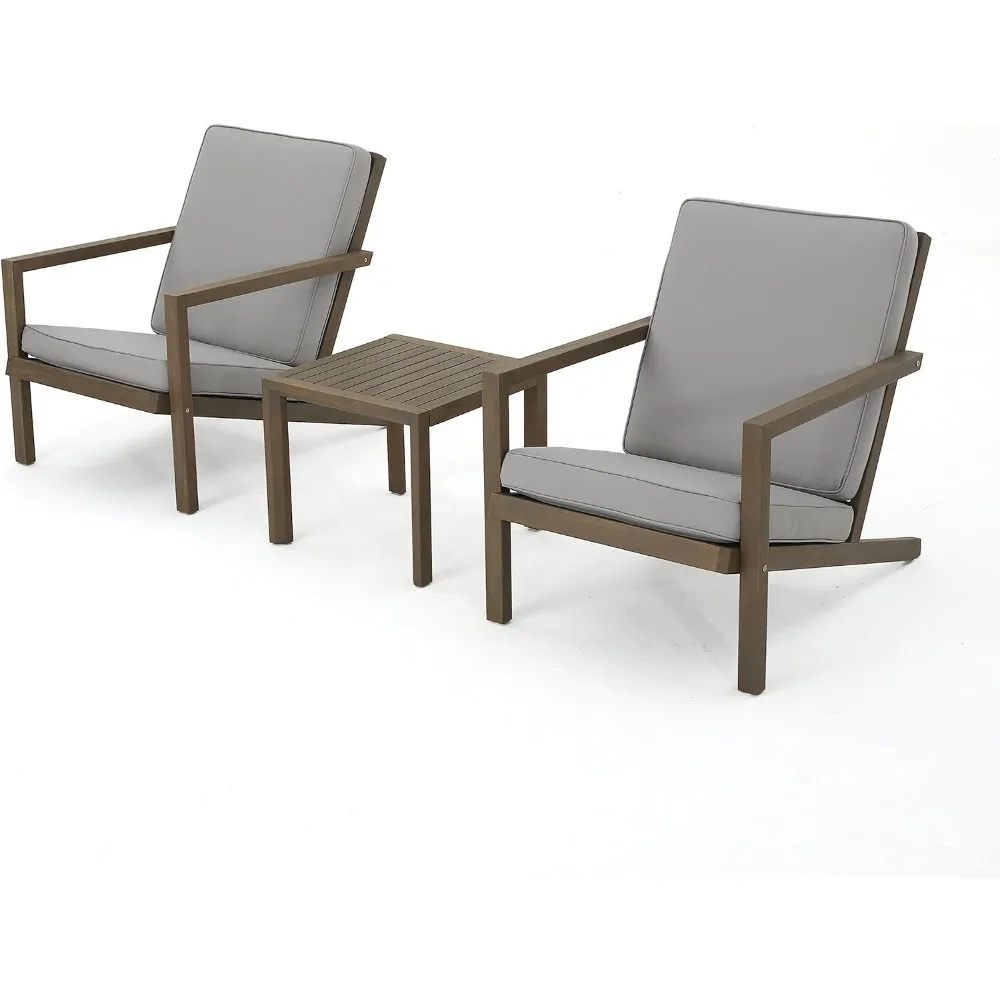 

Leah Outdoor Acacia Wood Chat Set with Water Resistant Cushions, 3-Pcs Set, Grey Finish / Grey