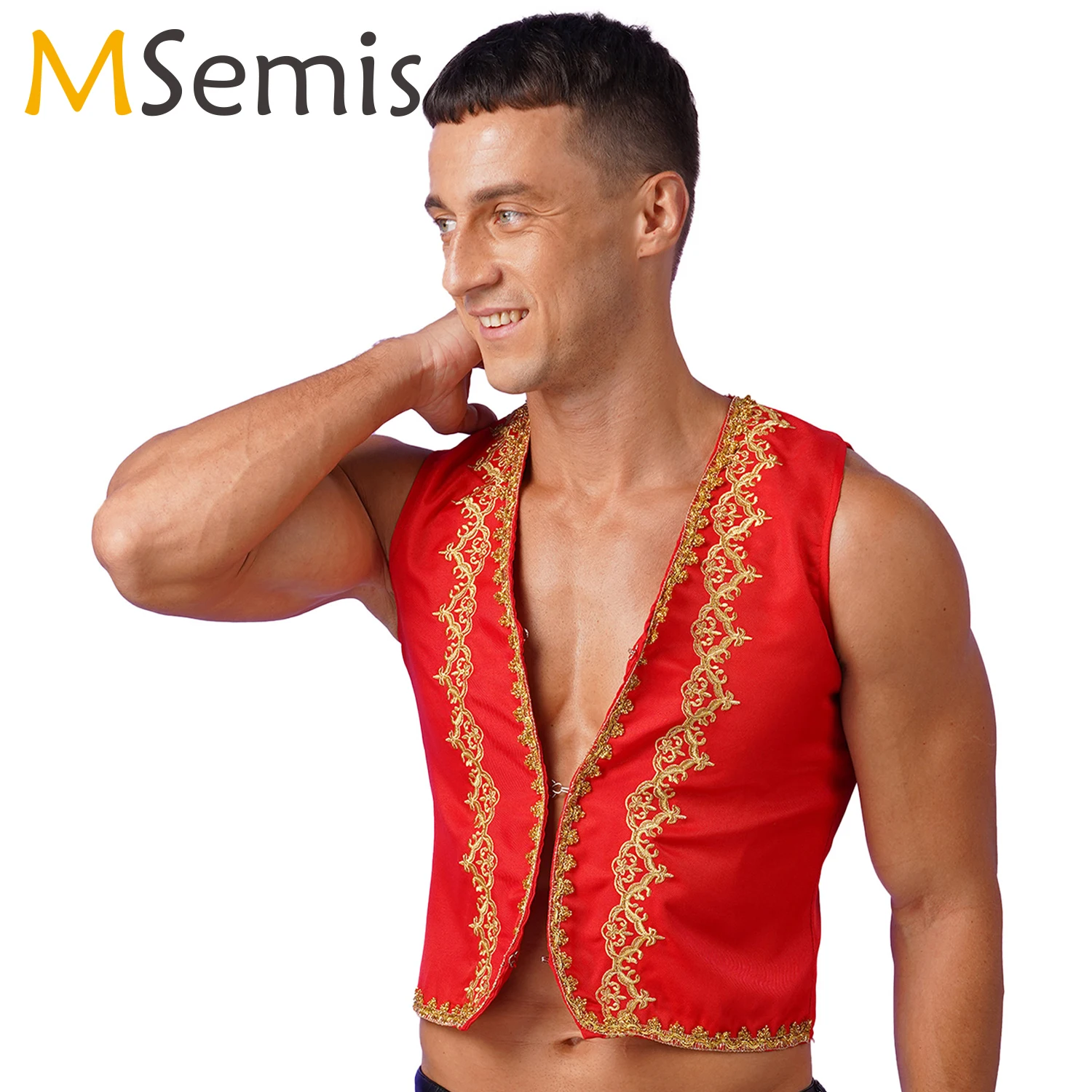 

Mens Halloween Arabian Vest Cosplay Costumes Steampunk Victorian Vest Gold Trims Embroidery Open Front Medieval Gothic Waistcoat