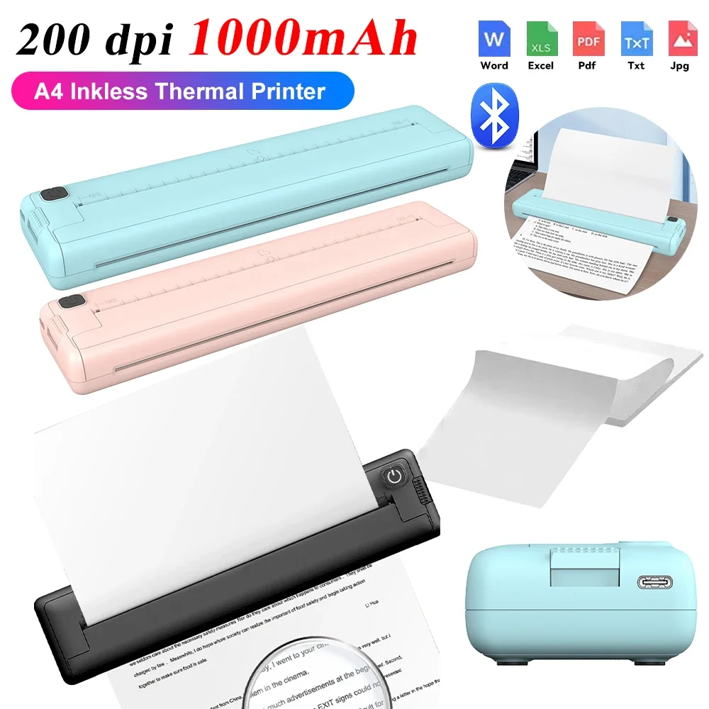 무선 블루투스 A4 잉크리스 열전사 프린터, 1000mAh 포켓 사진 문서 스티커 프린터, 가정 사무실용 300PCs 인쇄 용지