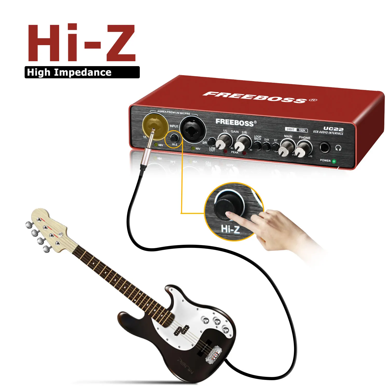 FREEBOSS 24Bit 192KHz Audio Interface Professional Stereo Recording Loopback Guitar USB External Sound Card 48V 2 Mic Input UC22