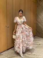 GALCAUR الحلو المرقعة شبكة فستان للنساء ساحة طوق نفخة الأكمام عالية الخصر ضرب اللون الأزهار طباعة سترة فساتين الإناث 1