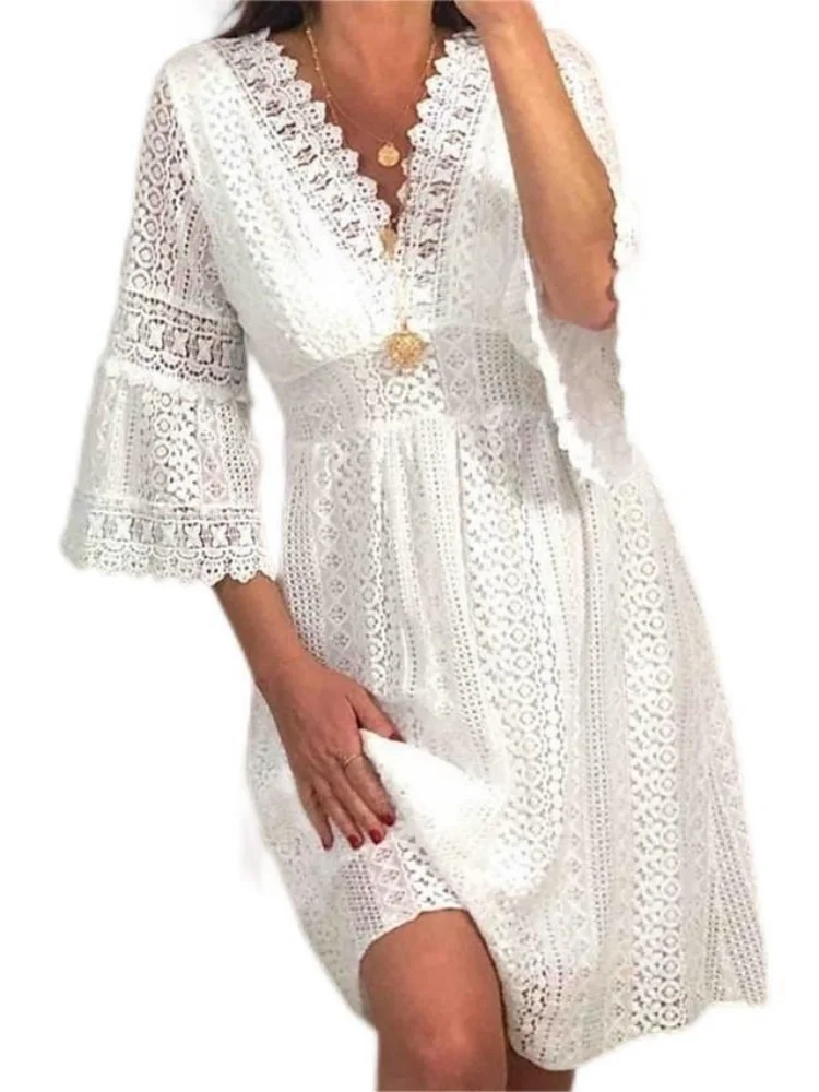 White Lace V Neck Summer Dress for Women