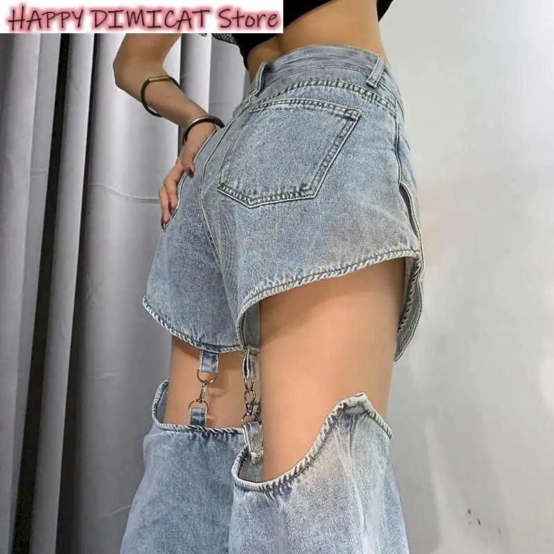 

Retro Shorts Detachable Denim Trousers Female BF Straight Loose High Waist Slim Pants Spring Sexy Design Personality Stitching