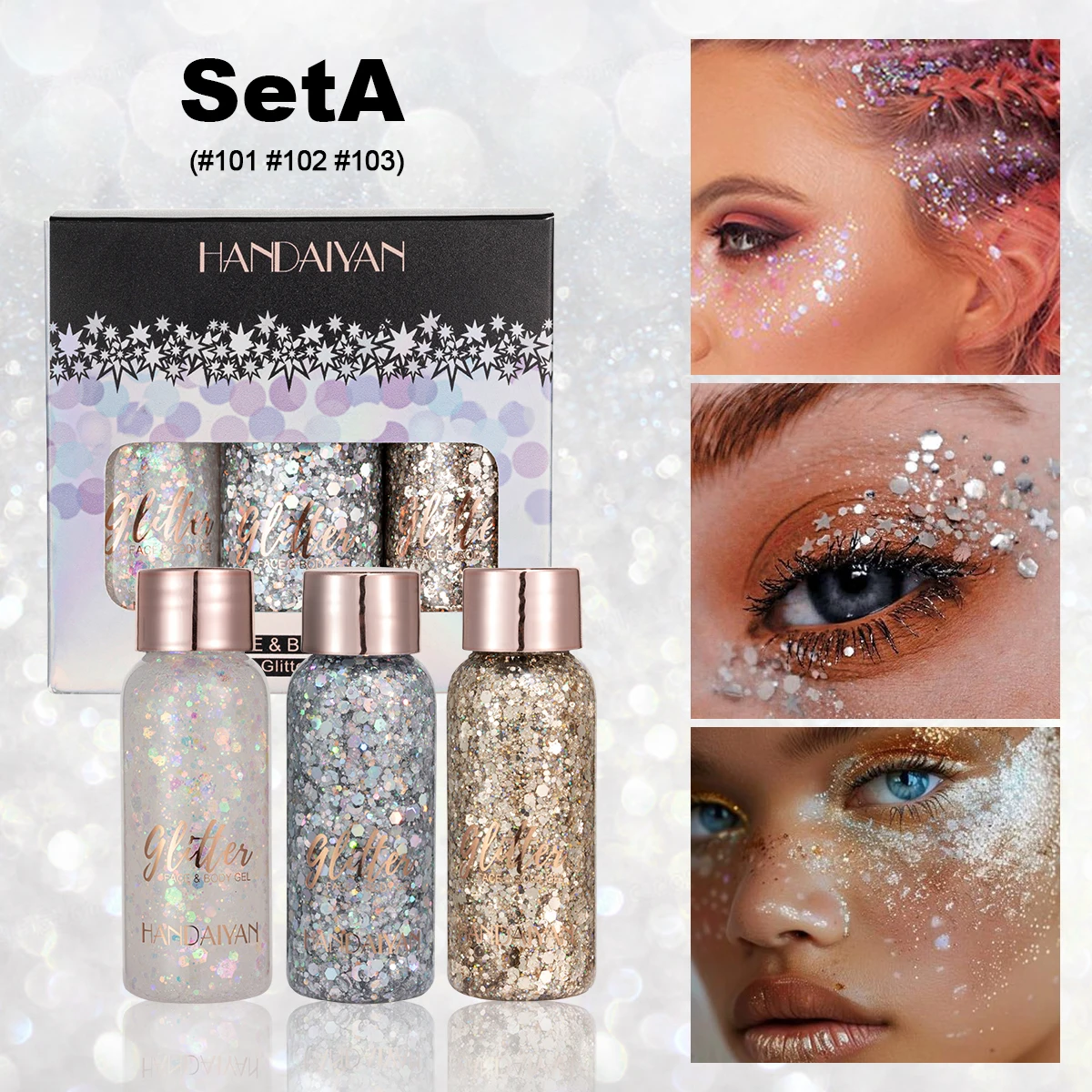Body Glitter Gel 3 colors set gel glittering mermaid face and body glitter stage performance festival glitter gel female body glitter