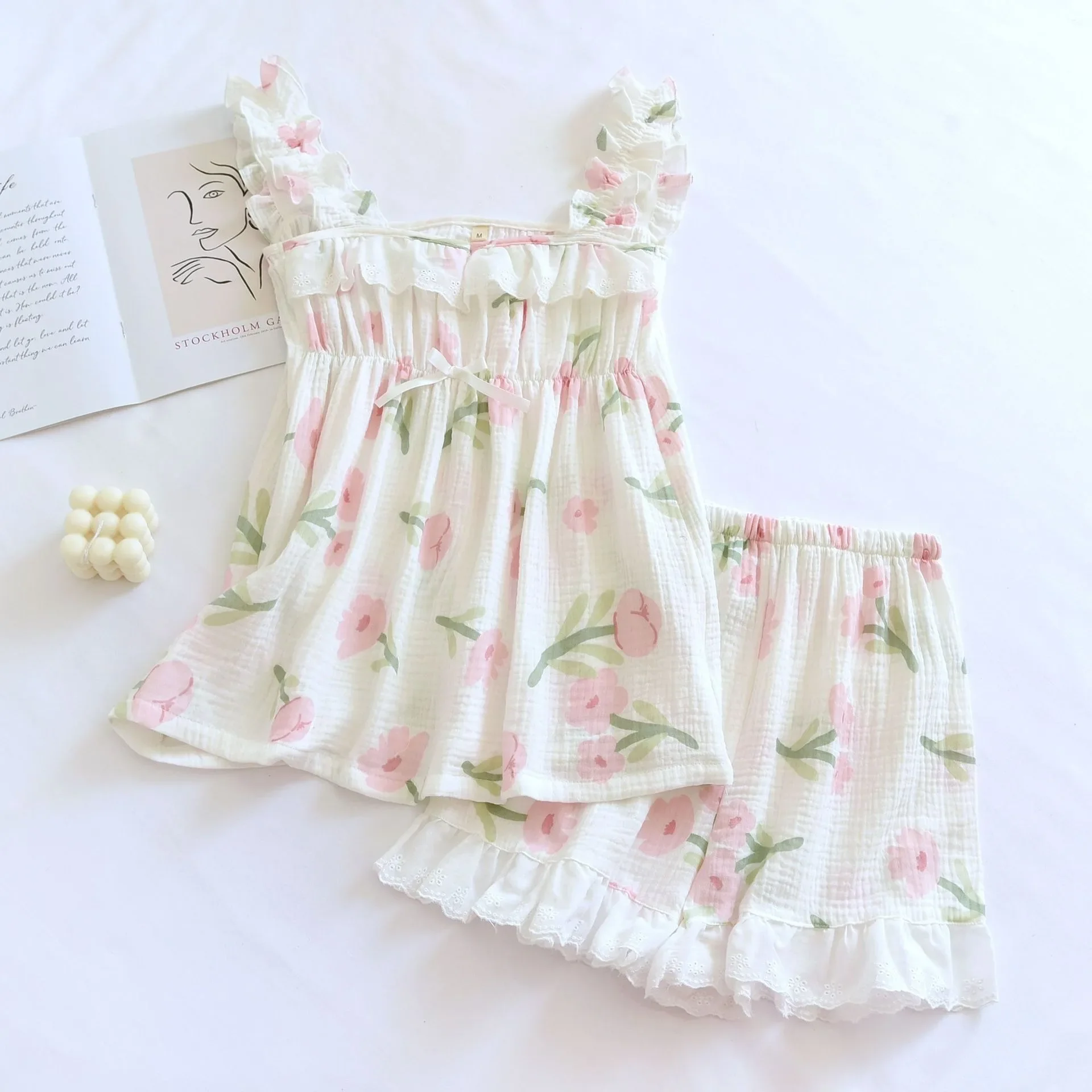 

Korean Pajama Pink Flowers Print Cotton Yarn Sleepwear Set Suspenders Top+Shorts Ruffle Homewear Skin-Friendly Breathable