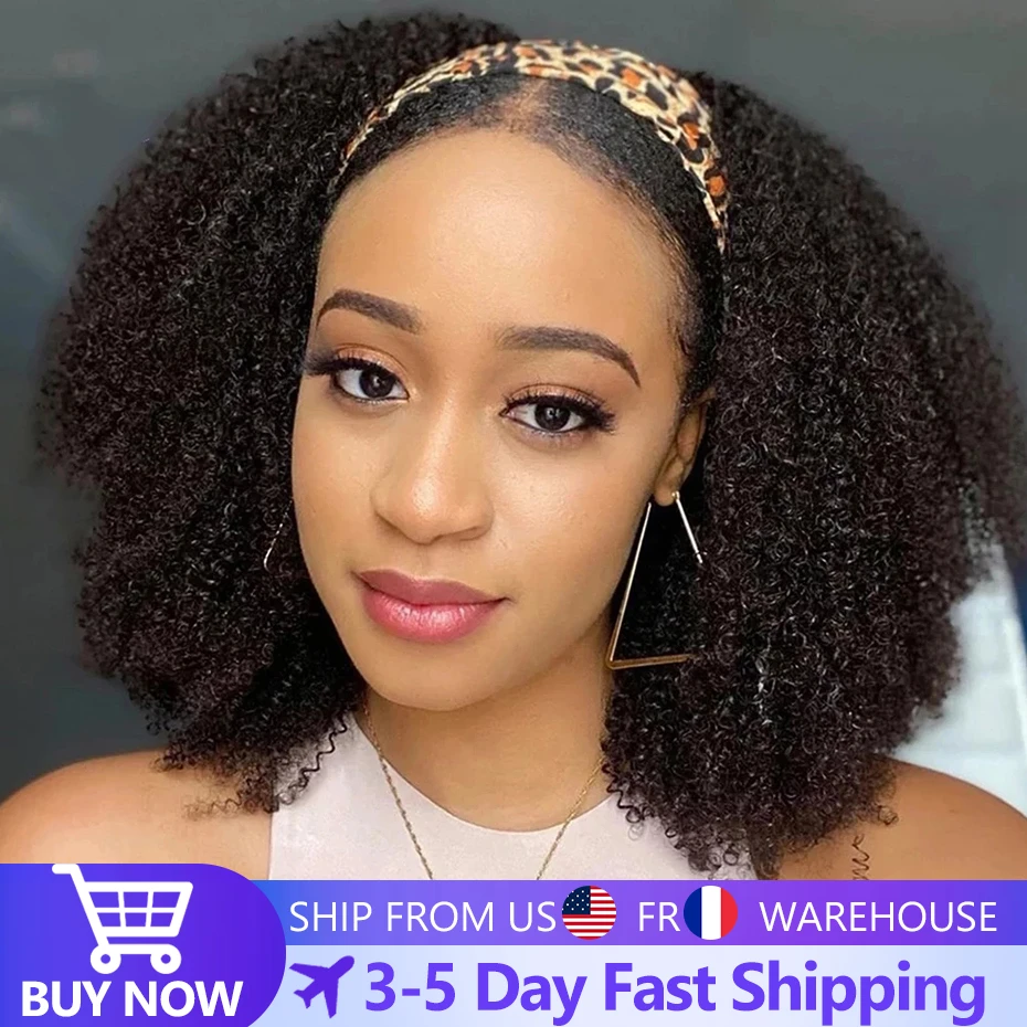 Afro Kinky Curly Headband Wigs 180 Density Human Hair Wig Glueless