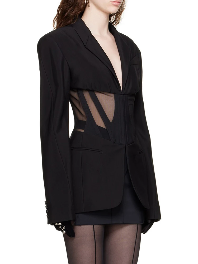 CHICEVER Spliced Sheer Mesh Blazers For Women Notched Collar Long Sleeve Tunic Patchwork Pockets Slim Solid Spring Blazer Female