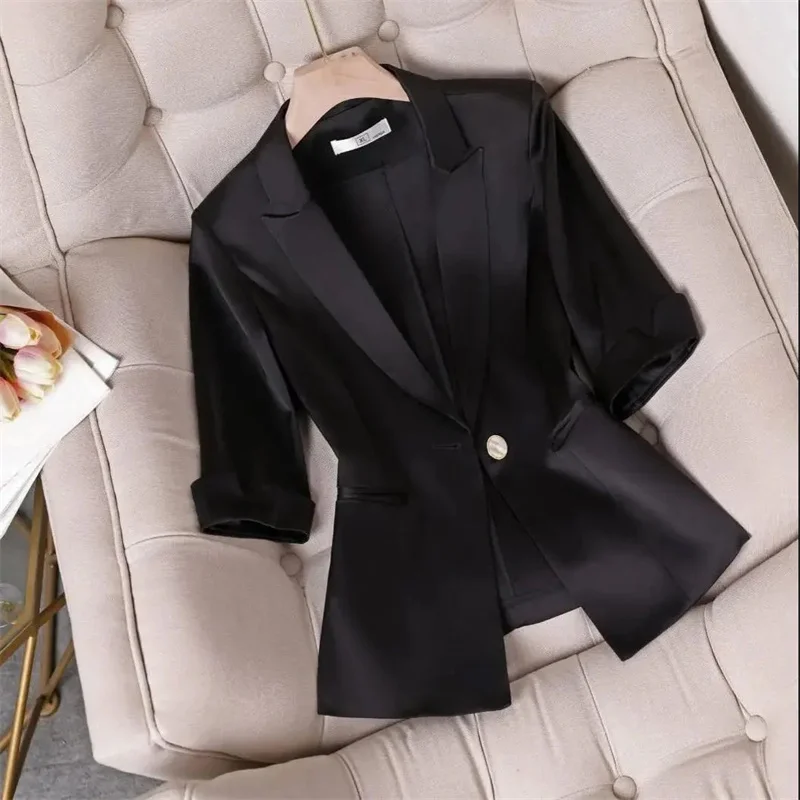 Acetic Acid Elastic Satin Slim Waist Versatile Women's Suit Summer Jacket Slim Fit Three Quarter Sleeve Professional Blazer Coat