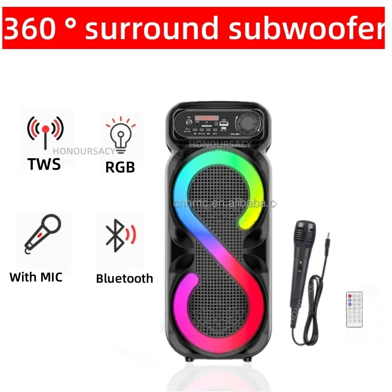 

Беспроводной Bluetooth-динамик, портативный сабвуфер для улицы и дома с микрофоном, уличная стереосистема объемного звучания, TWS/AUX/USB/FM