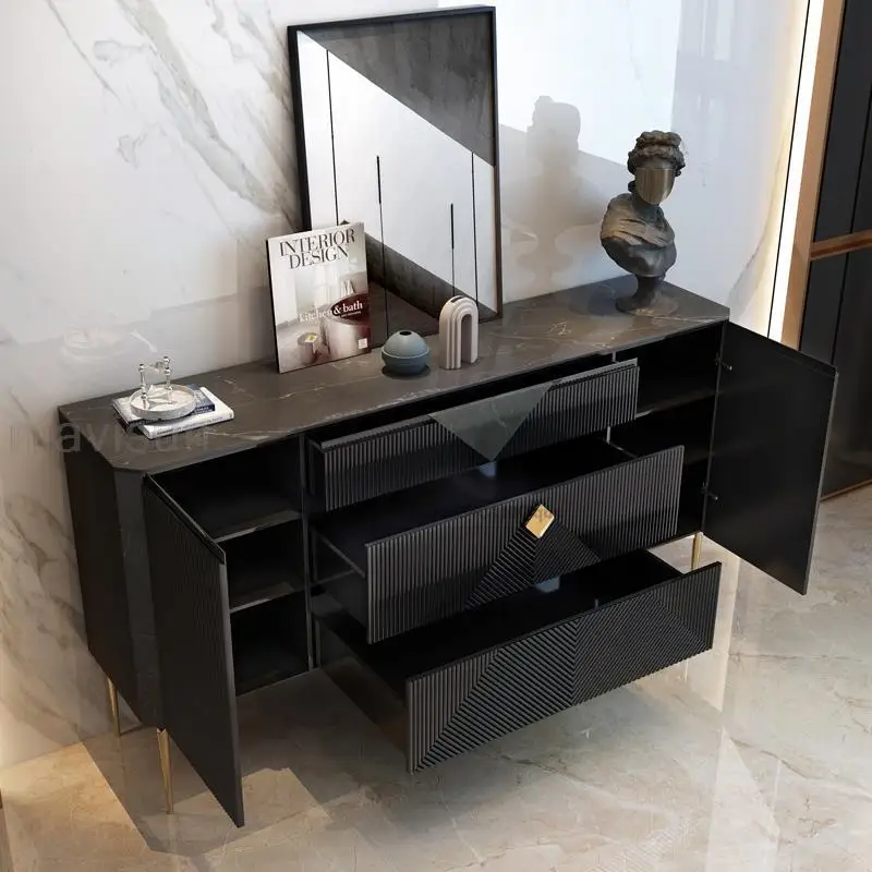Light Luxury Kitchen Sideboard In Gray High Quality Rock Plate Countertop Italian Style Furniture Living Room Display Cabinet