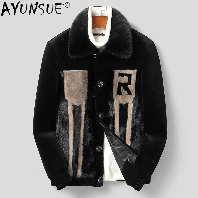 

AYUNSUE Wool Coats for Men 2023 New Winter Fur Coat Casual Wool Jackets Splicing Mink Fur Thickened Warm Jacket Mink Fur Collar