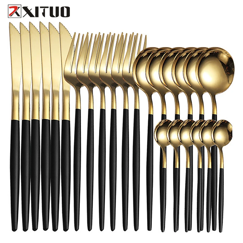 

XITUO 24PCS Upscale Dinnerware Sets Kitchen Stainless Steel Steak Knife Fork Coffee Spoon Flatware Set Dishwasher Safe Cutlery