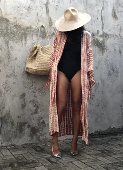 Women's Beach Cover Ups Open Front Tie Dye Maxi Cardigan Kimono Swimsuit with Belts 1