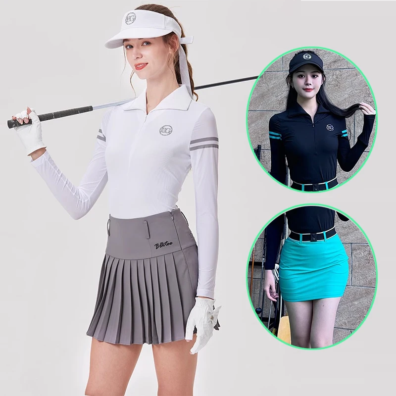 Blktee Korean Golf Suit Women Lapel Long-sleeve T-shirt Sunscreen Cooling Sports Tops Lady High Waist Golf Skirt Pleated Skort