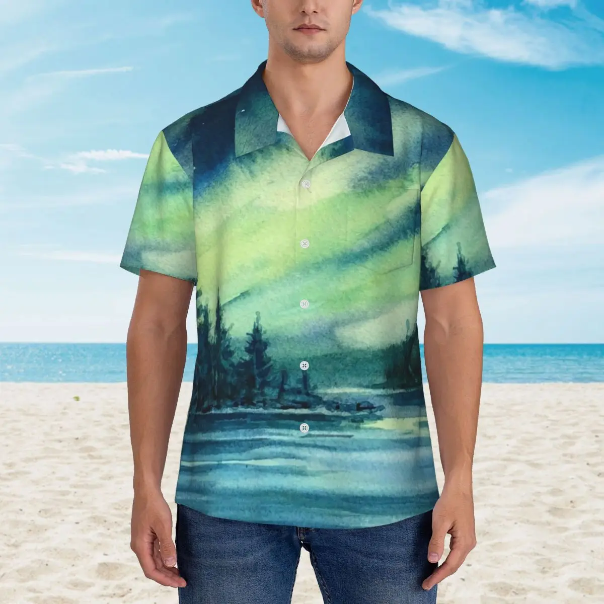 

Watercolor Sky Hawaii Shirt Men Beach Lake Northern Lights Casual Shirts Short-Sleeve Breathable Custom Vintage Oversize Blouses