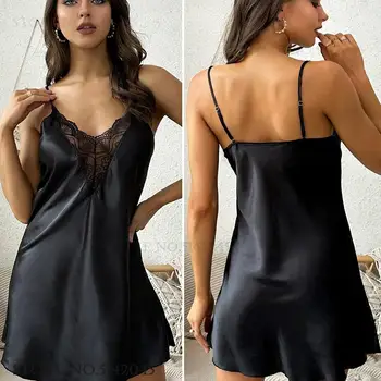 Sexy Spaghetti Strap Nightgown Female Sleepwear Loungewear Patchwork Lace Nightdress Intimate Lingerie Silk Satin Home Wear